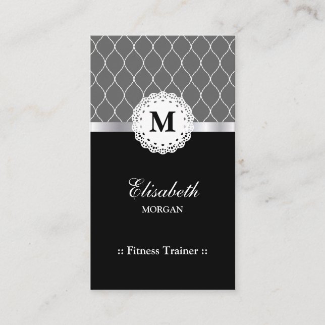 Fitness Trainer - Elegant Black Lace Pattern Business Card (Front)