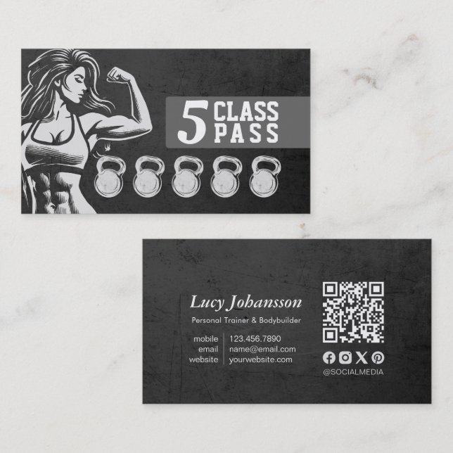 Fitness Trainer Gym Kettlebell Class Pass Loyalty Business Card (Front/Back)