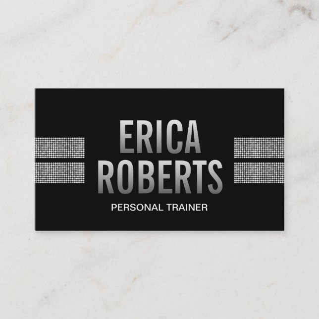 Fitness Trainer Modern Silver Sequins Stripes Dark Business Card (Front)