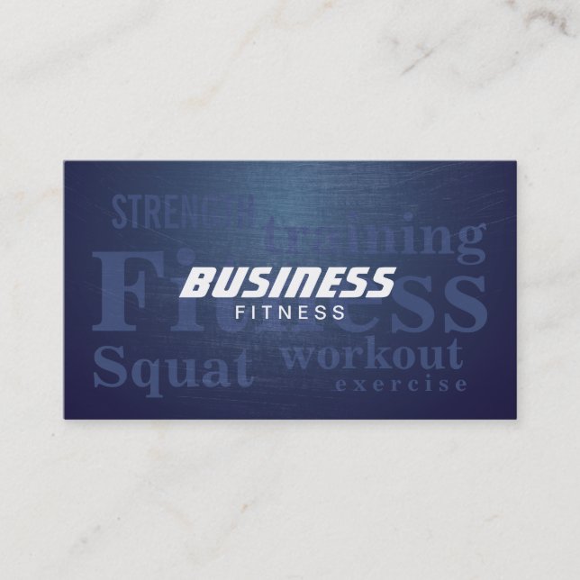 Fitness Words Cool Blue Metal Personal Trainer Business Card (Front)