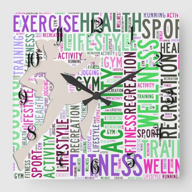 Fitness words square wall clock (Front)
