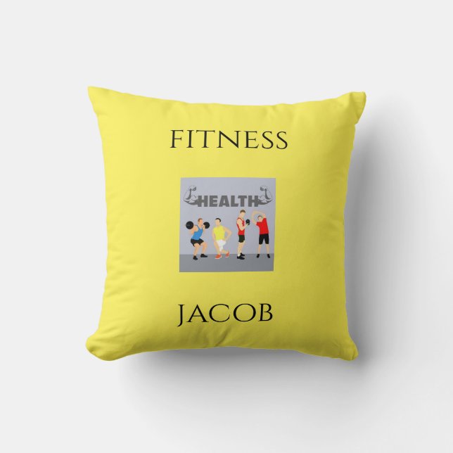 Fitness yellow throw pillow with personalised name (Front)