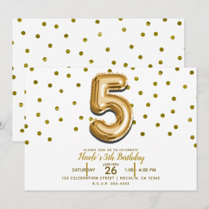 FIVE 5 5th Gold Balloon & Confetti Birthday Party Invitation