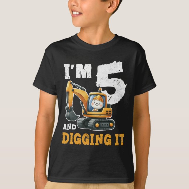 Five 5yr 5th Birthday Digger Boy Construction T-Shirt (Front)