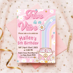 Five a Vibe Groovy Retro Rainbow 5th Birthday Invitation