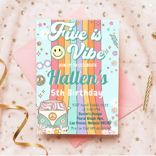 Five a Vibe Groovy Retro Rainbow 5th Birthday  Invitation
