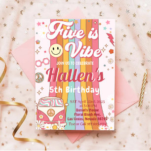 Five a Vibe Groovy Retro Rainbow 5th Birthday  Invitation