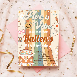 Five a Vibe Groovy Retro Rainbow 5th Birthday  Invitation