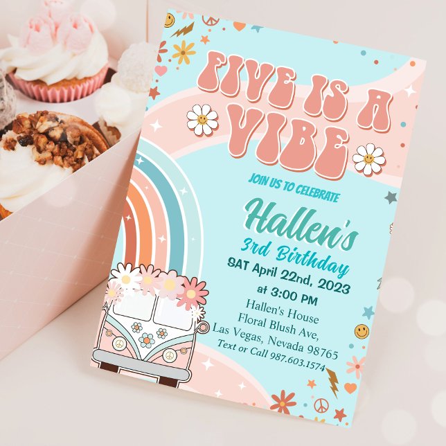 Five a Vibe Groovy Retro Rainbow 5th Birthday  Invitation (Creator Uploaded)