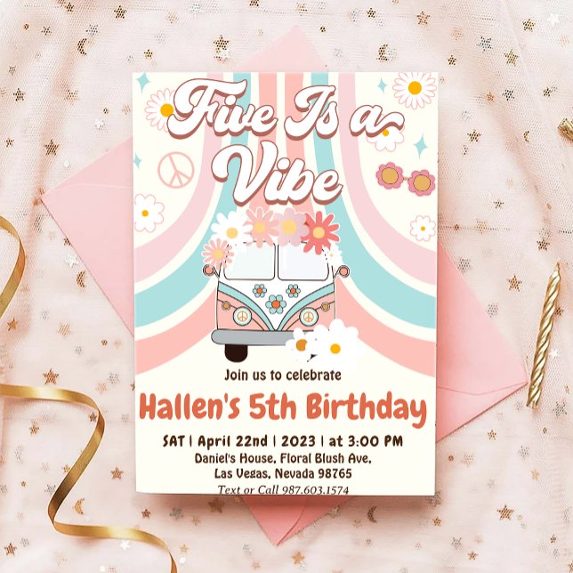 Five a Vibe Groovy Retro Rainbow 5th Birthday Invitation (Creator Uploaded)