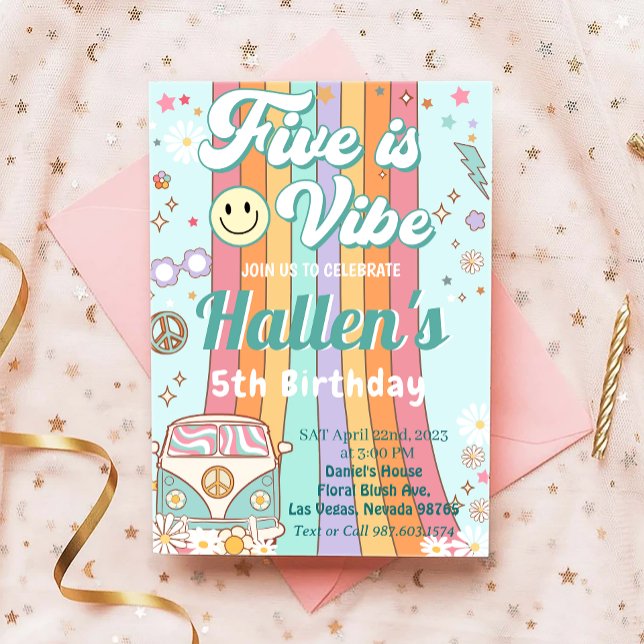 Five a Vibe Groovy Retro Rainbow 5th Birthday  Invitation (Creator Uploaded)