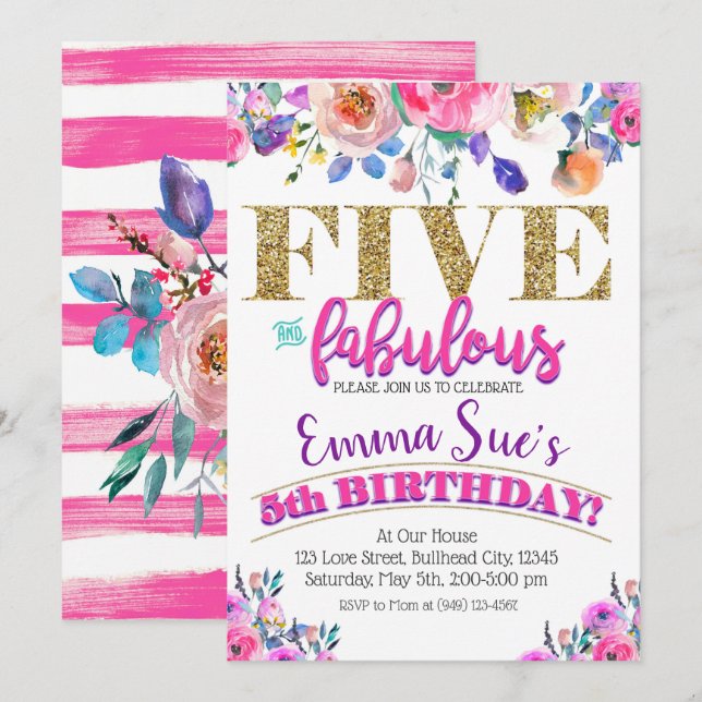 Five and Fabulous Girls Floral 5th Birthday Invitation (Front/Back)