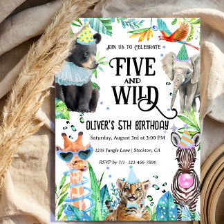 Five and Wild Leopard Safari Animals 5th Birthday Invitation
