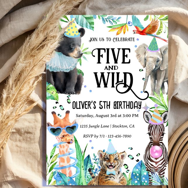Five and Wild Leopard Safari Animals 5th Birthday Invitation (Creator Uploaded)