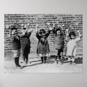 Five Asian Children holding up Barbells Poster