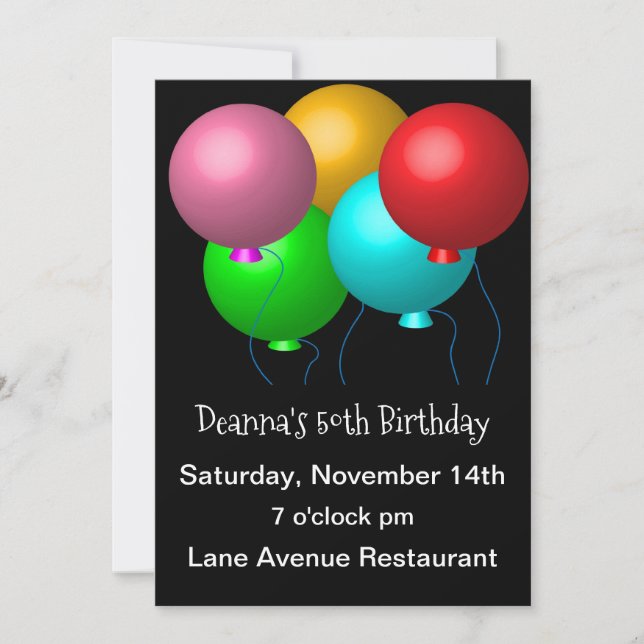 Five Birthday Balloons on Black 50th Party Invitation (Front)