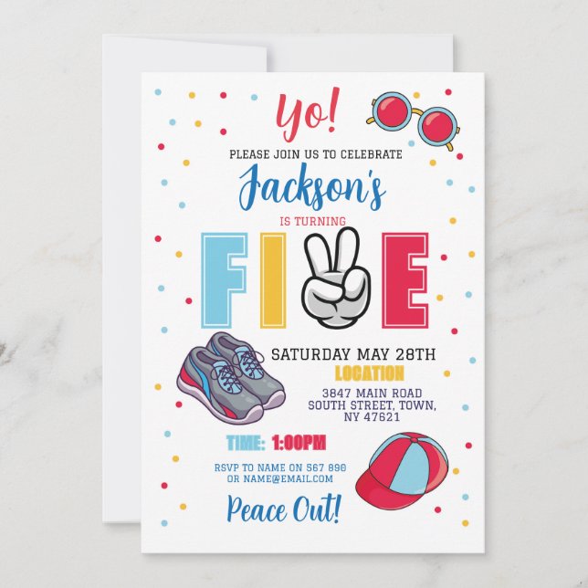 Five Birthday Peace Out Yo! 5th Summer Boys Invitation (Front)