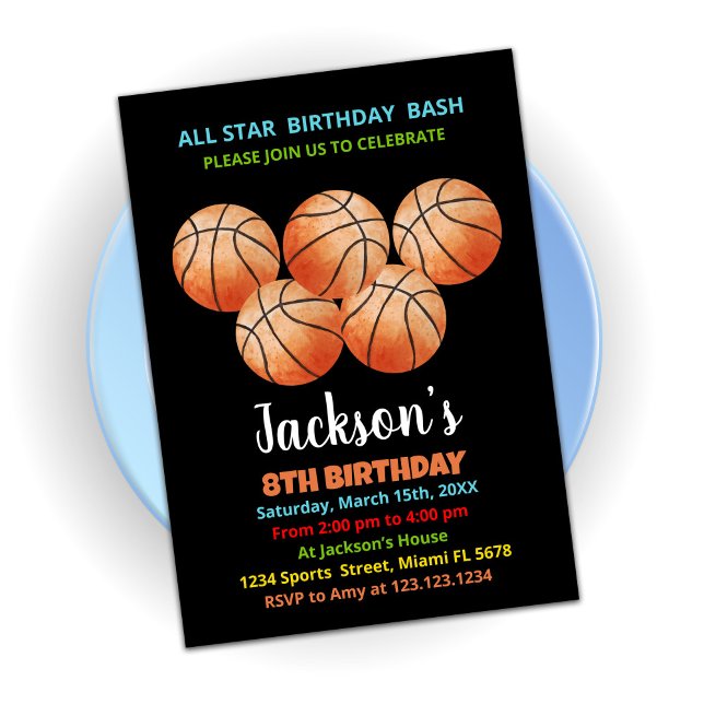 Five Black Orange Basketball Birthday Invitations (Creator Uploaded)