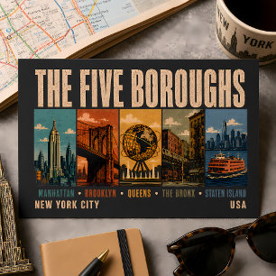 Five Boroughs New York City NYC Illustration Retro Postcard
