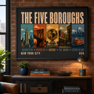 Five Boroughs New York City NYC Illustration Retro Poster
