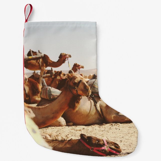 FIVE CAMELS ON FIELD SMALL CHRISTMAS STOCKING (Front)