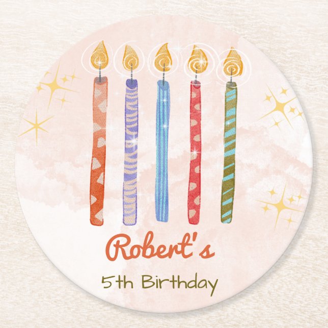 Five Candles Kids 5th Birthday Round Paper Coaster (Front)