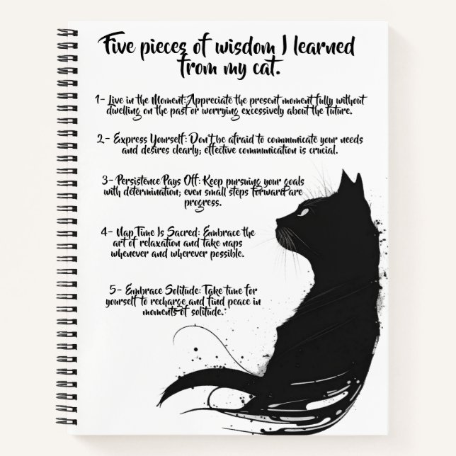 Five Cat Wisdom Black Cat Design Spiral Notebook (Front)