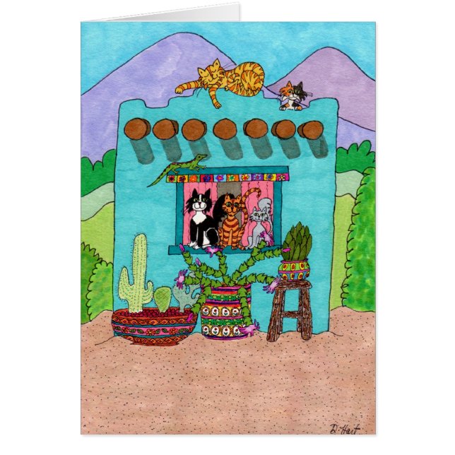 Five Cats at an Aqua Adobe House (Front)