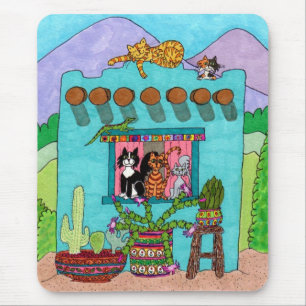 Five Cats at an Aqua Adobe House Mouse Mat