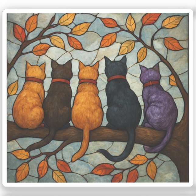 Five Cats on a Tree Branch Stained Glass Style (Front)