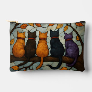 Five Cats on a Tree Branch Stained Glass Style Accessory Pouch