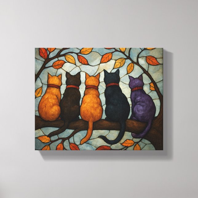 Five Cats on a Tree Branch Stained Glass Style Canvas Print (Front)