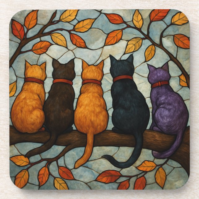 Five Cats on a Tree Branch Stained Glass Style Coaster (Front)