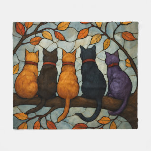 Five Cats on a Tree Branch Stained Glass Style Fleece Blanket