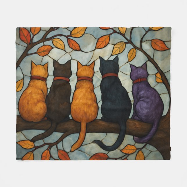 Five Cats on a Tree Branch Stained Glass Style Fleece Blanket (Front (Horizontal))