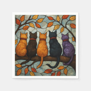 Five Cats on a Tree Branch Stained Glass Style Napkin