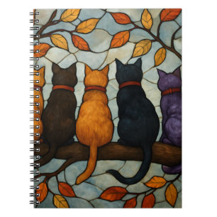 Five Cats on a Tree Branch Stained Glass Style Notebook