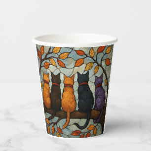 Five Cats on a Tree Branch Stained Glass Style Paper Cups