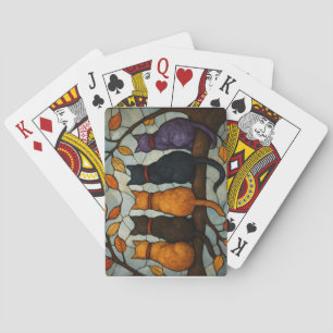 Five Cats on a Tree Branch Stained Glass Style Playing Cards