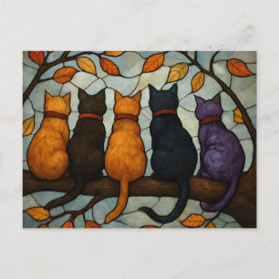 Five Cats on a Tree Branch Stained Glass Style Postcard