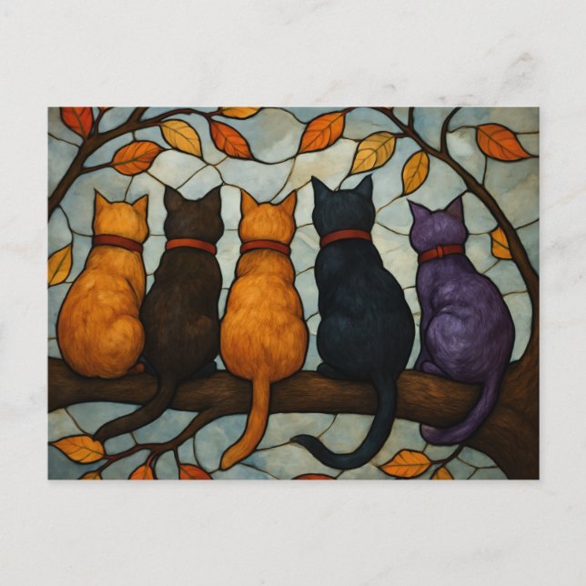 Five Cats on a Tree Branch Stained Glass Style Postcard (Front)