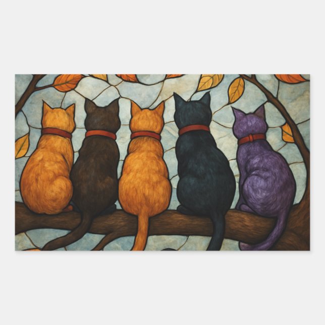 Five Cats on a Tree Branch Stained Glass Style Rectangular Sticker (Front)