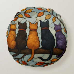 Five Cats on a Tree Branch Stained Glass Style Round Cushion