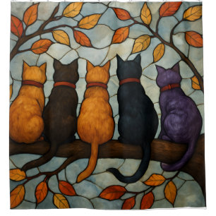 Five Cats on a Tree Branch Stained Glass Style Shower Curtain