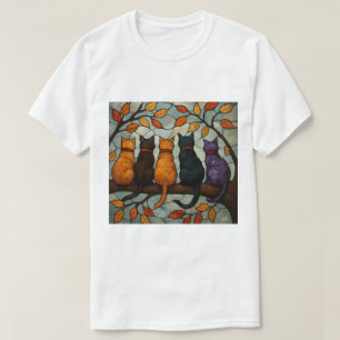 Five Cats on a Tree Branch Stained Glass Style T-Shirt