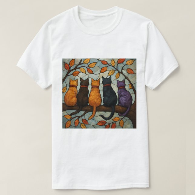 Five Cats on a Tree Branch Stained Glass Style T-Shirt (Design Front)