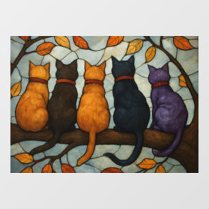 Five Cats on a Tree Branch Stained Glass Style Window Cling