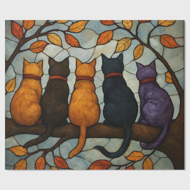 Five Cats on a Tree Branch Stained Glass Style Wrapping Paper (Flat)