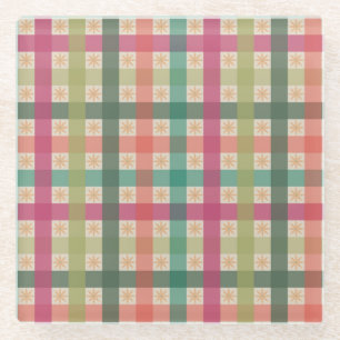 Five-Colour Gingham Pattern plus Snowflakes Glass Coaster