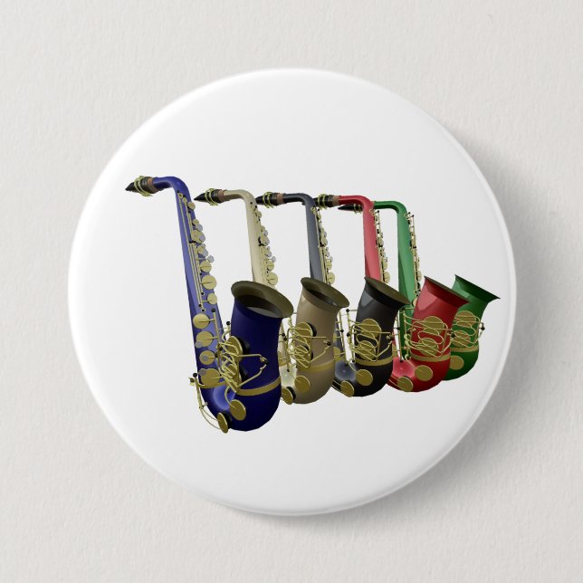 Five Colourful Saxophones Button Badge Name Tag (Front)